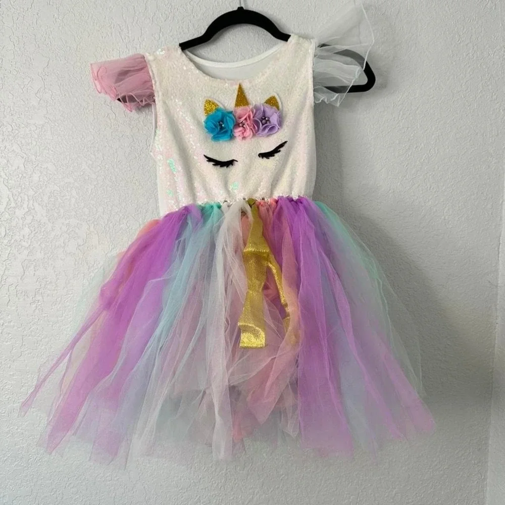 Girls Unicorn dress with sequins tulle ruffles tutu costume large